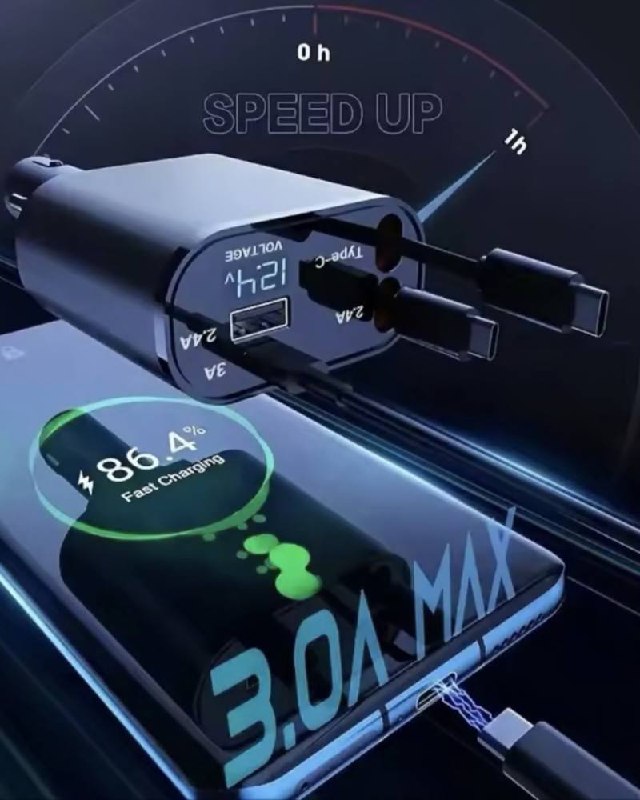 Super Car Charger fast-charging a phone to 86% at 3.0A max with live voltage readout